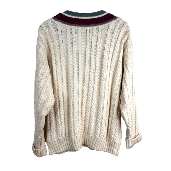 VTG Eddie Bauer Cable Knit Cricket Sweater L Cream V Neck Chunky Tennis Cottage - Picture 4 of 9